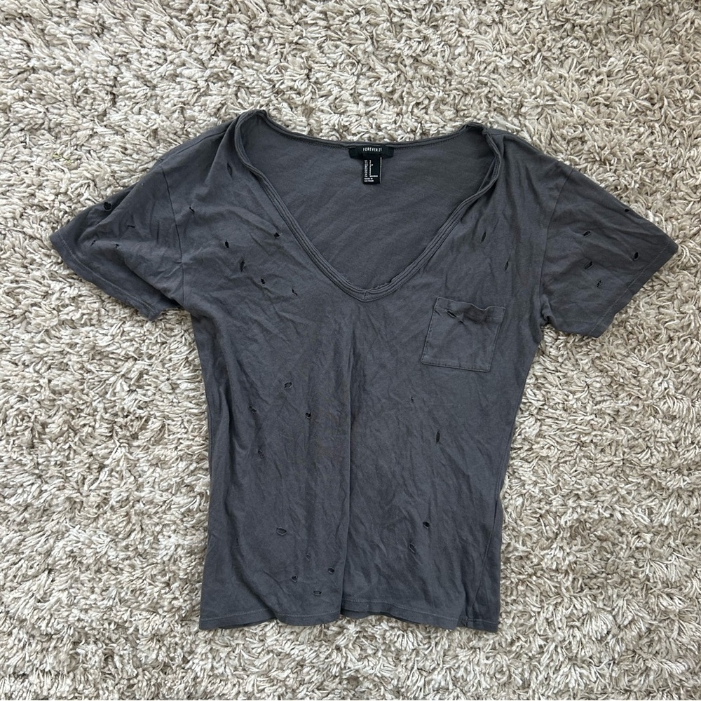 Forever 21 vintage Distressed Dark Gray V-Neck Tee